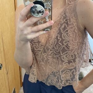 Free People Oversized Embroidered Ribbon Nude Mesh Tank